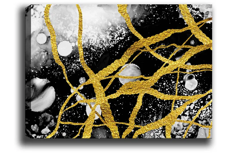 Lerretsbilde 70x100 cm - Abstrakt kunst med gulltråder som skaper dynamiske linjer mot en svart-hvitt bakgrunn - Gull / Svart / Hvit - Innredning - Bilder & kunst - Lerretsbilder