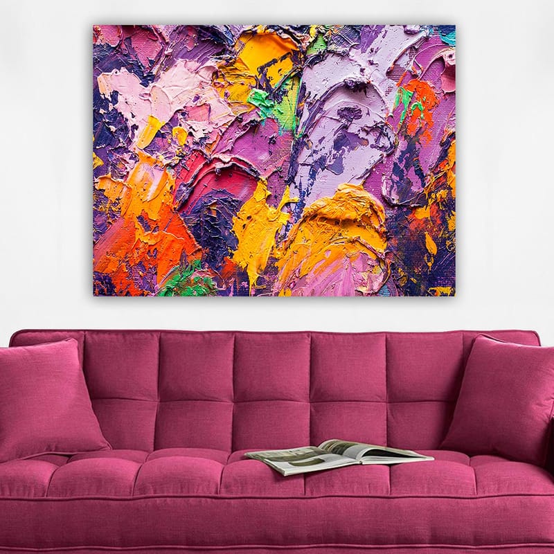 Lerretsbilde 70x100 cm - Abstrakt kunst med livlige farger og teksturer som skaper en dynamisk komposisjon - Lilla / Oransje / Rosa - Innredning - Bilder & kunst - Lerretsbilder