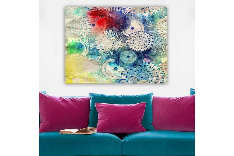 Lerretsbilde 70x100 cm - Abstrakt kunst med sirkulære mønstre i forskjellige farger, Blå / Rød / Grønn