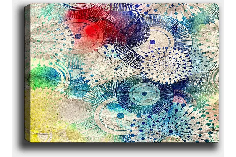Lerretsbilde 70x100 cm - Abstrakt kunst med sirkulære mønstre i forskjellige farger - Blå / Rød / Grønn - Innredning - Bilder & kunst - Lerretsbilder