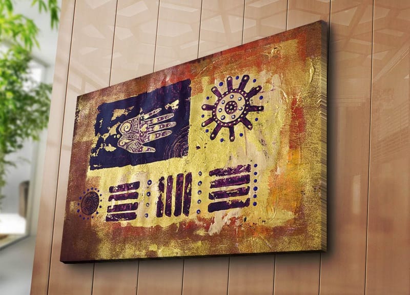 Lerretsbilde 70x100 cm - Abstrakt kunst med symboler og mønstre i en fargerik komposisjon - Gull / Mørk blå / Lilla - Innredning - Bilder & kunst - Lerretsbilder