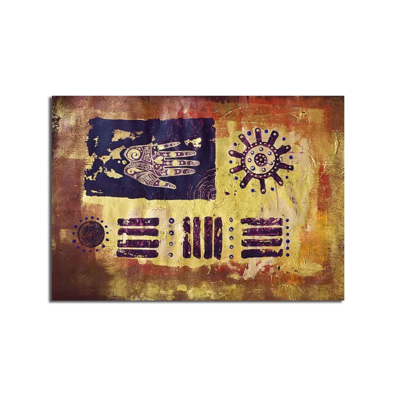 Lerretsbilde 70x100 cm - Abstrakt kunst med symboler og mønstre i en fargerik komposisjon - Gull / Mørk blå / Lilla - Innredning - Bilder & kunst - Lerretsbilder