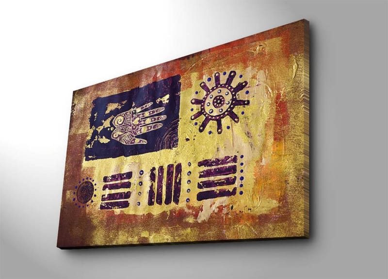 Lerretsbilde 70x100 cm - Abstrakt kunst med symboler og mønstre i en fargerik komposisjon, Gull / Mørk blå / Lilla