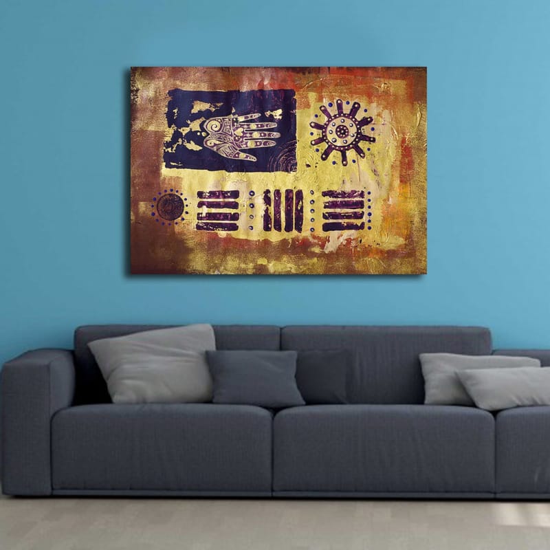 Lerretsbilde 70x100 cm - Abstrakt kunst med symboler og mønstre i en fargerik komposisjon - Gull / Mørk blå / Lilla - Innredning - Bilder & kunst - Lerretsbilder