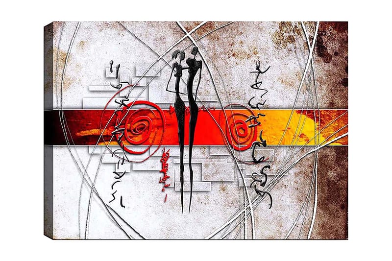 Lerretsbilde 70x100 cm - Abstrakt kunst med to stiliserte figurer som står tett inntil hverandre, omgitt av spiraler og linjer, Rød / Svart / Oransje