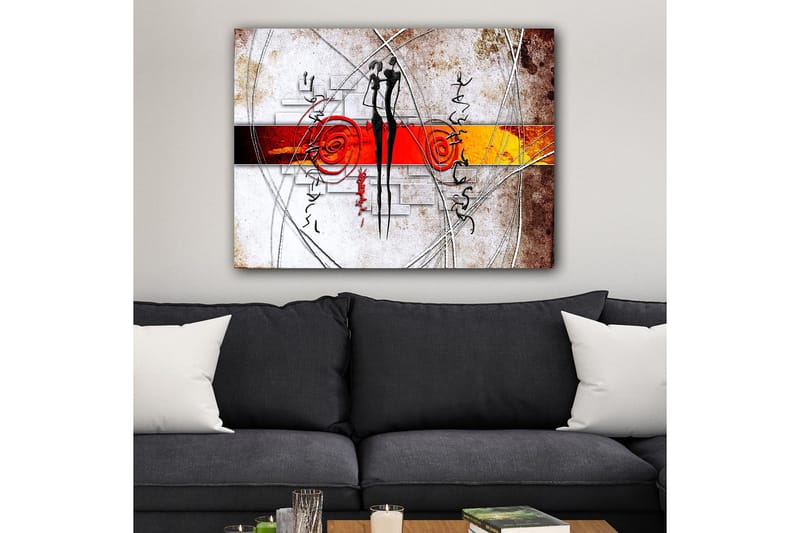 Lerretsbilde 70x100 cm - Abstrakt kunst med to stiliserte figurer som står tett inntil hverandre, omgitt av spiraler og linjer - Rød / Svart / Oransje - Innredning - Bilder & kunst - Lerretsbilder