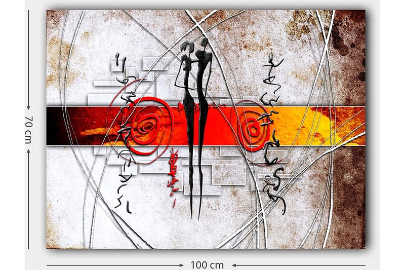 Lerretsbilde 70x100 cm - Abstrakt kunst med to stiliserte figurer som står tett inntil hverandre, omgitt av spiraler og linjer - Rød / Svart / Oransje - Innredning - Bilder & kunst - Lerretsbilder