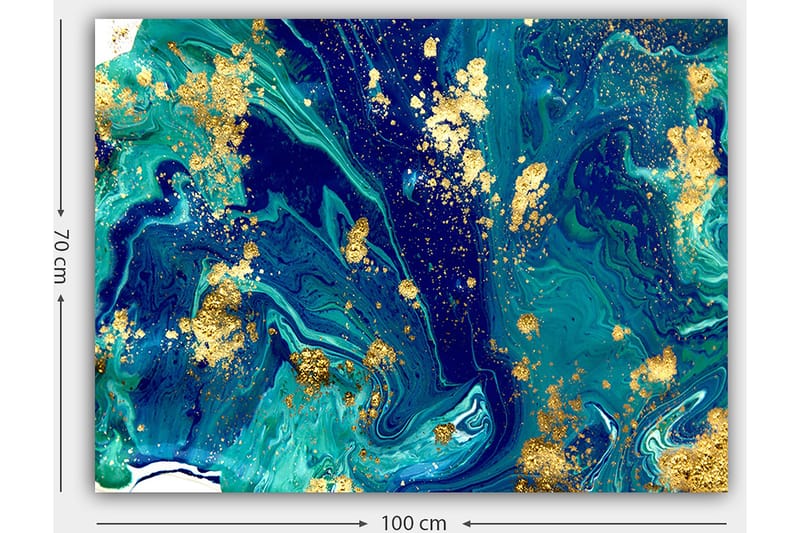 Lerretsbilde 70x100 cm - Abstrakt kunst med virvlende blå og grønne mønstre og innslag av gull - Mørk blå / Turkis / Gull - Innredning - Bilder & kunst - Lerretsbilder