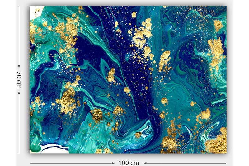 Lerretsbilde 70x100 cm - Abstrakt kunst med virvlende blå og grønne mønstre og innslag av gull - Mørk blå / Turkis / Gull - Innredning - Bilder & kunst - Lerretsbilder