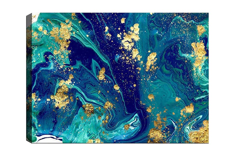 Lerretsbilde 70x100 cm - Abstrakt kunst med virvlende blå og grønne mønstre og innslag av gull - Mørk blå / Turkis / Gull - Innredning - Bilder & kunst - Lerretsbilder