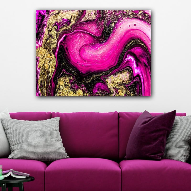 Lerretsbilde 70x100 cm - Abstrakt kunst med virvlende rosa og gullmønstre - Rosa / Gull / Svart - Innredning - Bilder & kunst - Lerretsbilder