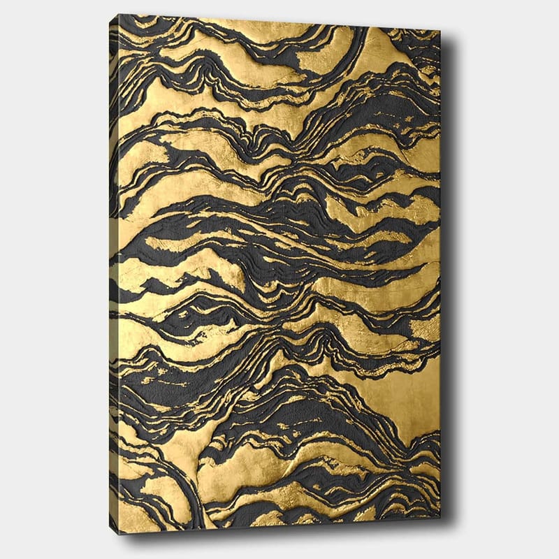Lerretsbilde 70x100 cm - Abstrakt kunstverk med bølgete mønstre i gull og svart - Gull / Svart - Innredning - Bilder & kunst - Lerretsbilder