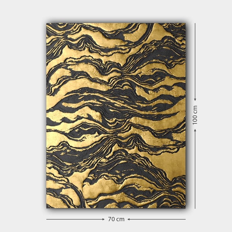 Lerretsbilde 70x100 cm - Abstrakt kunstverk med bølgete mønstre i gull og svart - Gull / Svart - Innredning - Bilder & kunst - Lerretsbilder