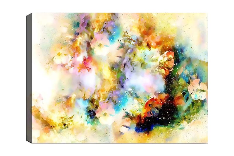 Lerretsbilde 70x100 cm - Abstrakt kunstverk med fargeeksplosjoner som skaper en drømmeaktig atmosfære, Blå / Gul / Rosa