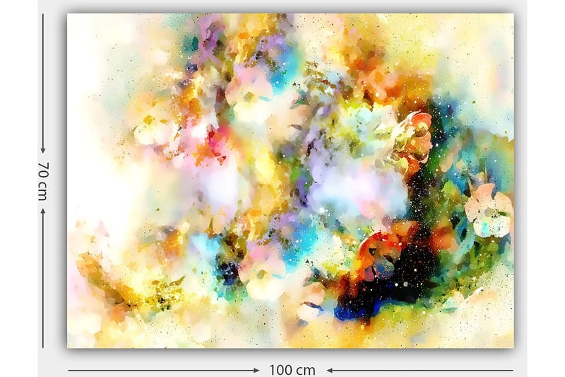 Lerretsbilde 70x100 cm - Abstrakt kunstverk med fargeeksplosjoner som skaper en drømmeaktig atmosfære - Blå / Gul / Rosa - Innredning - Bilder & kunst - Lerretsbilder