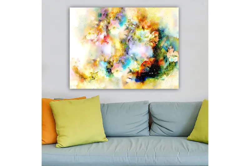 Lerretsbilde 70x100 cm - Abstrakt kunstverk med fargeeksplosjoner som skaper en drømmeaktig atmosfære - Blå / Gul / Rosa - Innredning - Bilder & kunst - Lerretsbilder