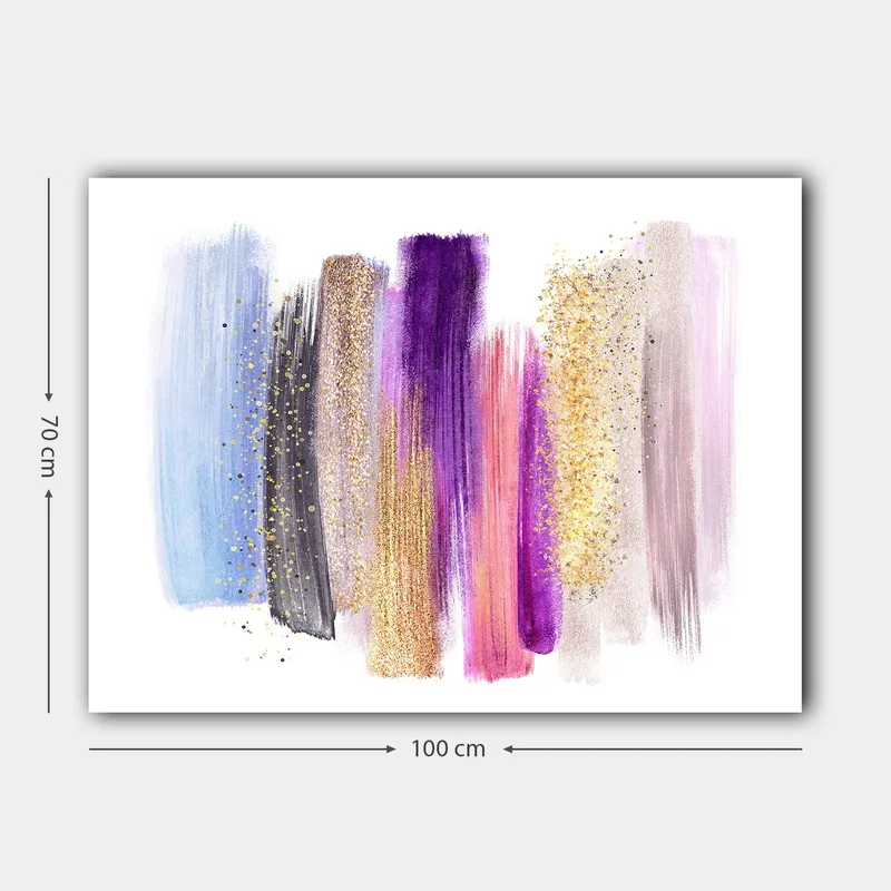 Lerretsbilde 70x100 cm - Abstrakt kunstverk med fargerike penselstrøk i forskjellige nyanser - Lilla / Blå / Gull - Innredning - Bilder & kunst - Lerretsbilder