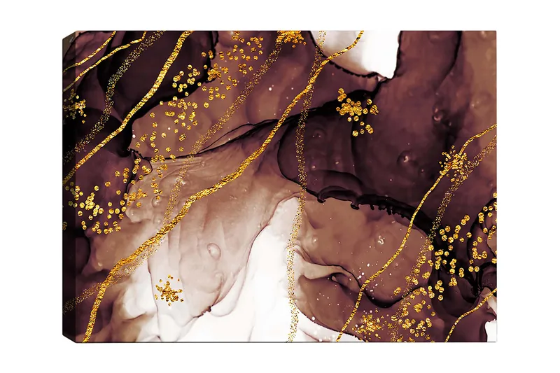 Lerretsbilde 70x100 cm - Abstrakt kunstverk med flytende former og gulldetaljer, Mørk brun / Gull / Beige