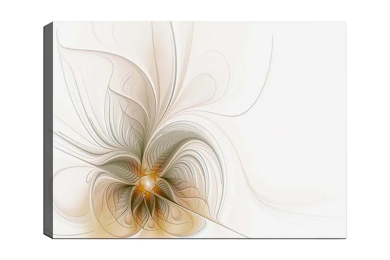 Lerretsbilde 70x100 cm - Abstrakt kunstverk med flytende linjer og former som skaper en følelse av bevegelse og lys, Lys beige / Gull / Grå