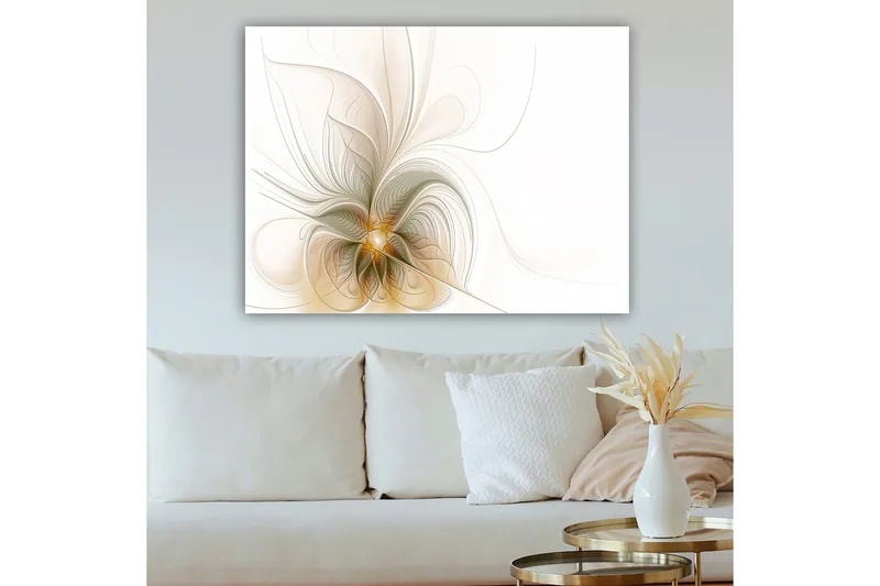 Lerretsbilde 70x100 cm - Abstrakt kunstverk med flytende linjer og former som skaper en følelse av bevegelse og lys - Lys beige / Gull / Grå - Innredning - Bilder & kunst - Lerretsbilder