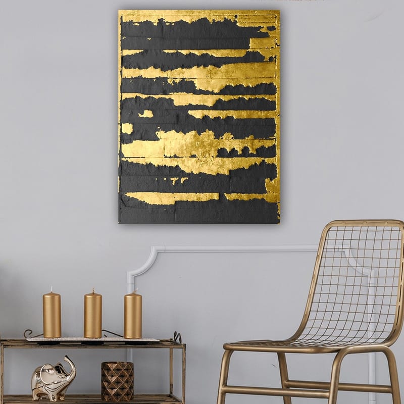 Lerretsbilde 70x100 cm - Abstrakt kunstverk med gull- og svartfargede linjer som skaper en dynamisk og moderne komposisjon - Gull / Svart - Innredning - Bilder & kunst - Lerretsbilder