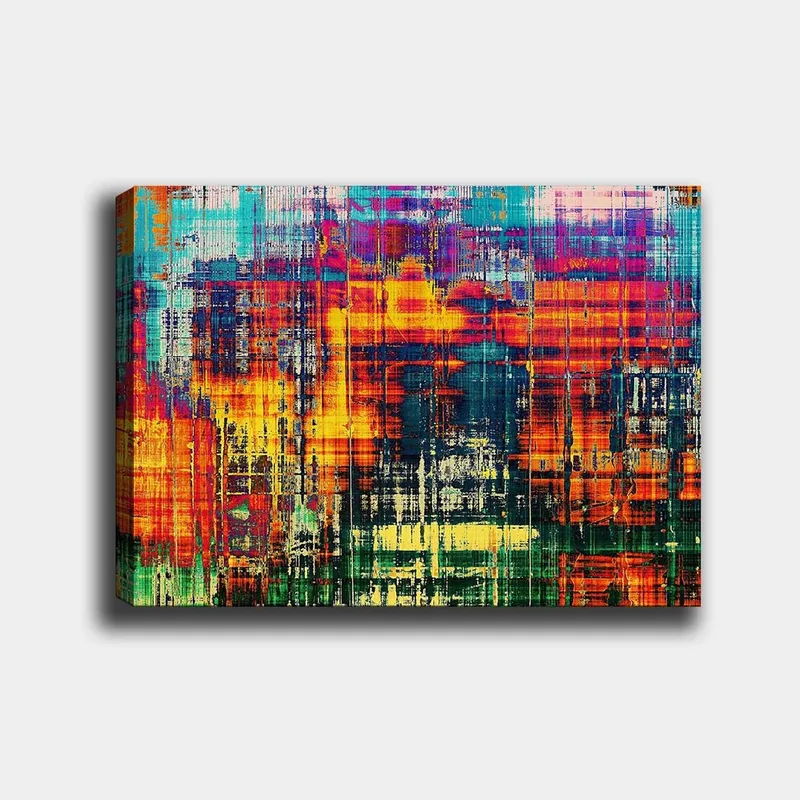 Lerretsbilde 70x100 cm - Abstrakt kunstverk med livlige farger og dynamiske mønstre, Turkis / Oransje / Mørk blå