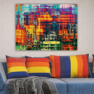 Lerretsbilde 70x100 cm - Abstrakt kunstverk med livlige farger og dynamiske mønstre - Turkis / Oransje / Mørk blå - Innredning - Bilder & kunst - Lerretsbilder