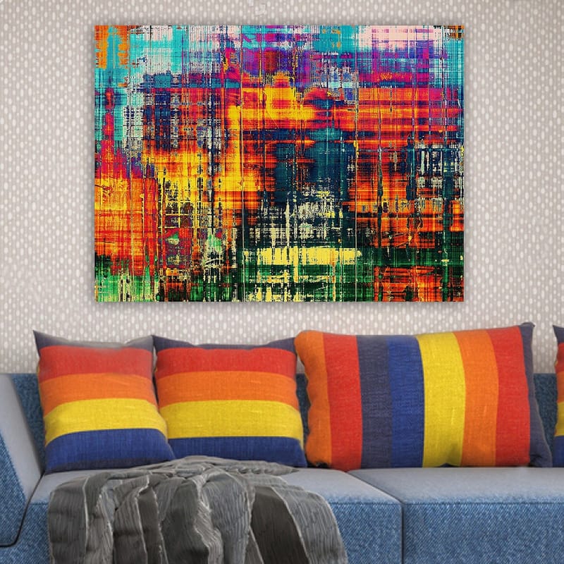 Lerretsbilde 70x100 cm - Abstrakt kunstverk med livlige farger og dynamiske mønstre - Turkis / Oransje / Mørk blå - Innredning - Bilder & kunst - Lerretsbilder