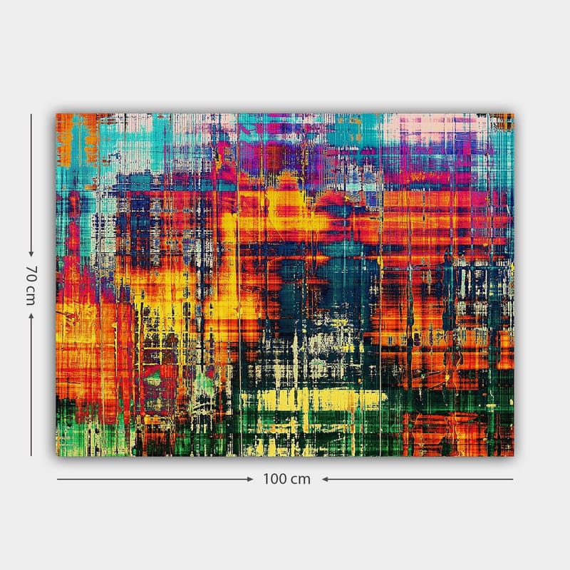 Lerretsbilde 70x100 cm - Abstrakt kunstverk med livlige farger og dynamiske mønstre - Turkis / Oransje / Mørk blå - Innredning - Bilder & kunst - Lerretsbilder