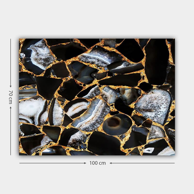 Lerretsbilde 70x100 cm - Abstrakt kunstverk med mønster av svarte og grå steiner med gylne elementer - Svart / Grå / Gull - Innredning - Bilder & kunst - Lerretsbilder