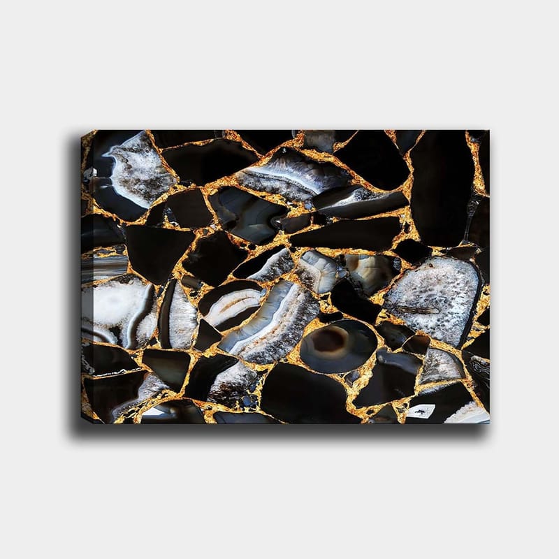 Lerretsbilde 70x100 cm - Abstrakt kunstverk med mønster av svarte og grå steiner med gylne elementer, Svart / Grå / Gull