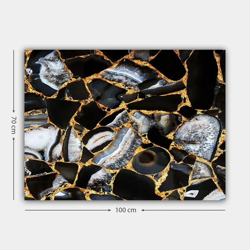 Lerretsbilde 70x100 cm - Abstrakt kunstverk med mønster av svarte og grå steiner med gylne elementer - Svart / Grå / Gull - Innredning - Bilder & kunst - Lerretsbilder