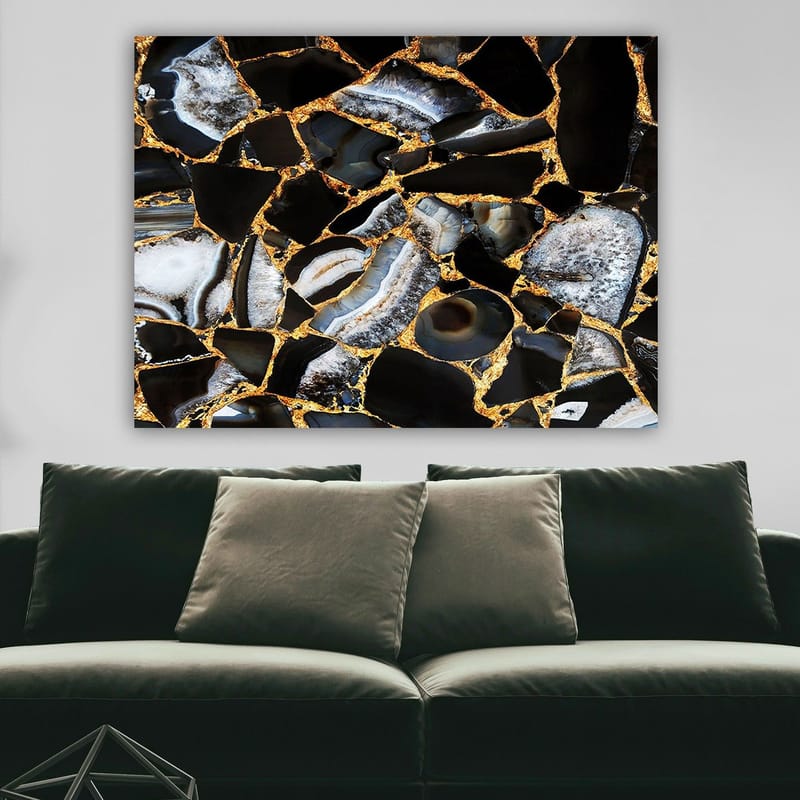 Lerretsbilde 70x100 cm - Abstrakt kunstverk med mønster av svarte og grå steiner med gylne elementer - Svart / Grå / Gull - Innredning - Bilder & kunst - Lerretsbilder