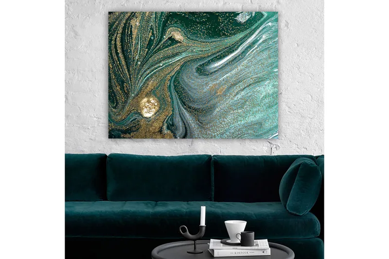 Lerretsbilde 70x100 cm - Abstrakt kunstverk med svarte og gullmønstre som skaper en følelse av bevegelse og dybde - Mørkegrønn / Gull / Lyseblå - Innredning - Bilder & kunst - Lerretsbilder