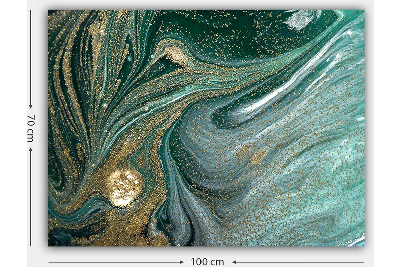 Lerretsbilde 70x100 cm - Abstrakt kunstverk med svarte og gullmønstre som skaper en følelse av bevegelse og dybde - Mørkegrønn / Gull / Lyseblå - Innredning - Bilder & kunst - Lerretsbilder