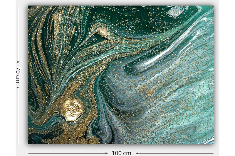 Lerretsbilde 70x100 cm - Abstrakt kunstverk med svarte og gullmønstre som skaper en følelse av bevegelse og dybde - Mørkegrønn / Gull / Lyseblå - Innredning - Bilder & kunst - Lerretsbilder