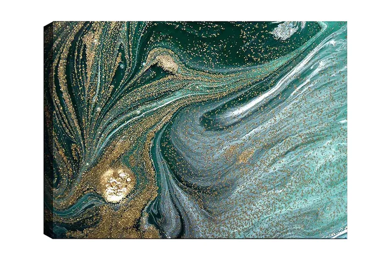 Lerretsbilde 70x100 cm - Abstrakt kunstverk med svarte og gullmønstre som skaper en følelse av bevegelse og dybde, Mørkegrønn / Gull / Lyseblå