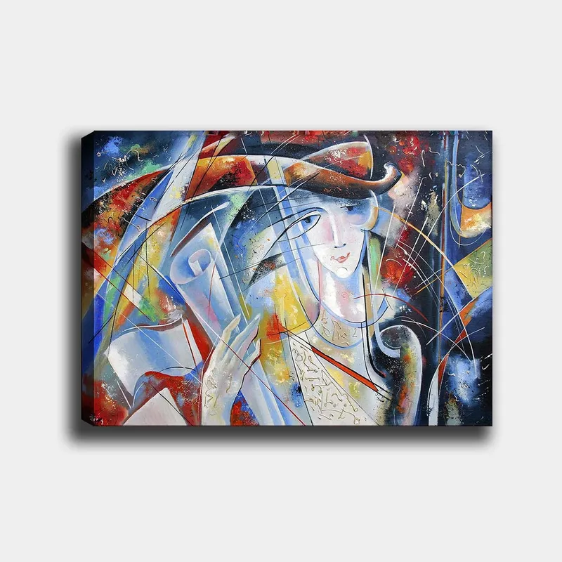 Lerretsbilde 70x100 cm - Abstrakt kvinne med rullet pergament i hånden, omgitt av fargerike former og linjer, Blå / Rød / Hvit