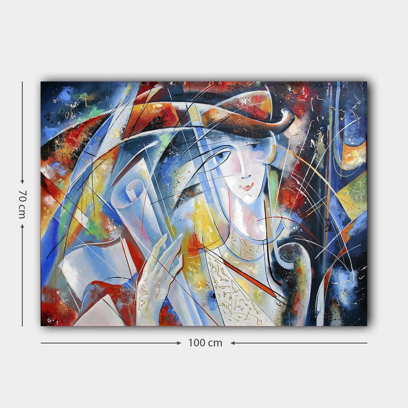 Lerretsbilde 70x100 cm - Abstrakt kvinne med rullet pergament i hånden, omgitt av fargerike former og linjer - Blå / Rød / Hvit - Innredning - Bilder & kunst - Lerretsbilder