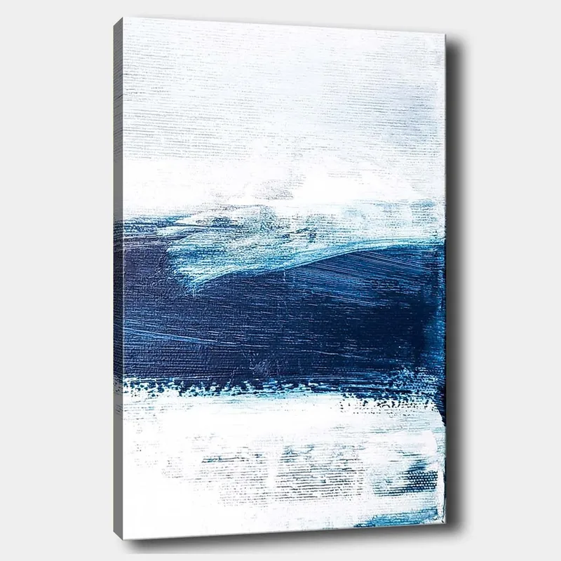 Lerretsbilde 70x100 cm - Abstrakt landskap med blå og hvite nyanser som skaper en følelse av dybde og bevegelse, Mørk blå / Lys blå / Hvit