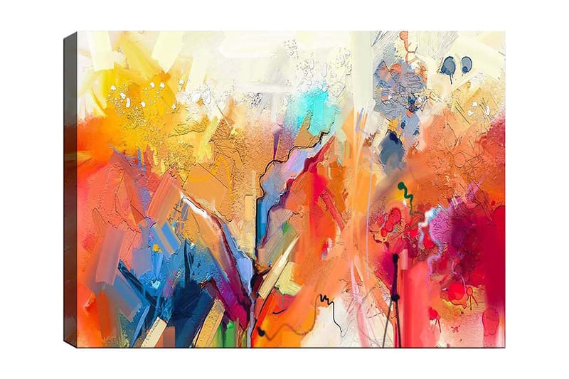 Lerretsbilde 70x100 cm - Abstrakt landskap med fargerike former og dynamiske linjer, Oransje / Gul / Blå