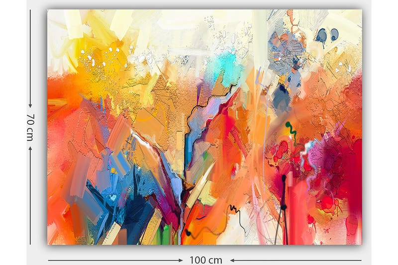 Lerretsbilde 70x100 cm - Abstrakt landskap med fargerike former og dynamiske linjer - Oransje / Gul / Blå - Innredning - Bilder & kunst - Lerretsbilder