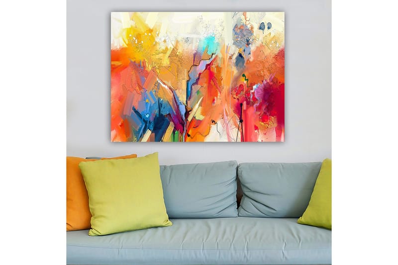 Lerretsbilde 70x100 cm - Abstrakt landskap med fargerike former og dynamiske linjer - Oransje / Gul / Blå - Innredning - Bilder & kunst - Lerretsbilder