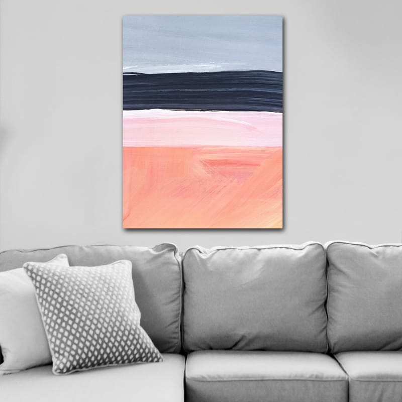 Lerretsbilde 70x100 cm - Abstrakt landskap med horisontale fargebånd i myke toner - Grå / Svart / Rosa - Innredning - Bilder & kunst - Lerretsbilder
