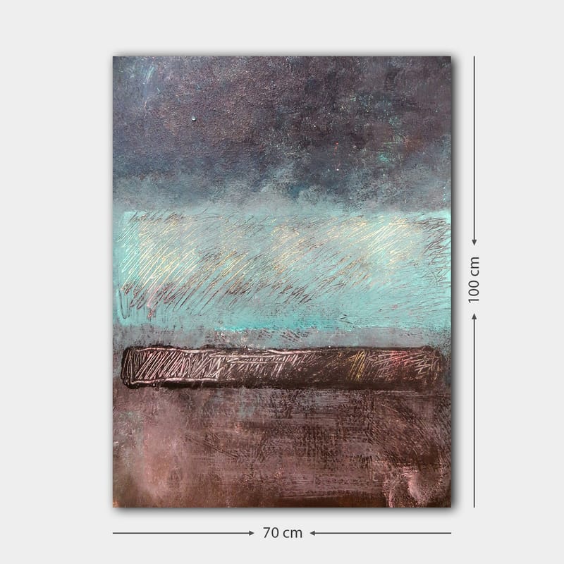 Lerretsbilde 70x100 cm - Abstrakt landskap med horisontlinje i dempede farger - Turkis / Mørk brun / Grå - Innredning - Bilder & kunst - Lerretsbilder