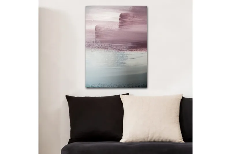 Lerretsbilde 70x100 cm - Abstrakt landskap med myke fargeoverganger i rosa og blå nyanser, Rosa / Blå / Grå