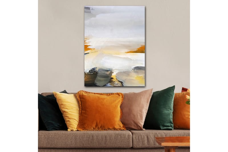 Lerretsbilde 70x100 cm - Abstrakt landskap med myke fargeoverganger og lyse toner - Grå / Hvit / Gul - Innredning - Bilder & kunst - Lerretsbilder