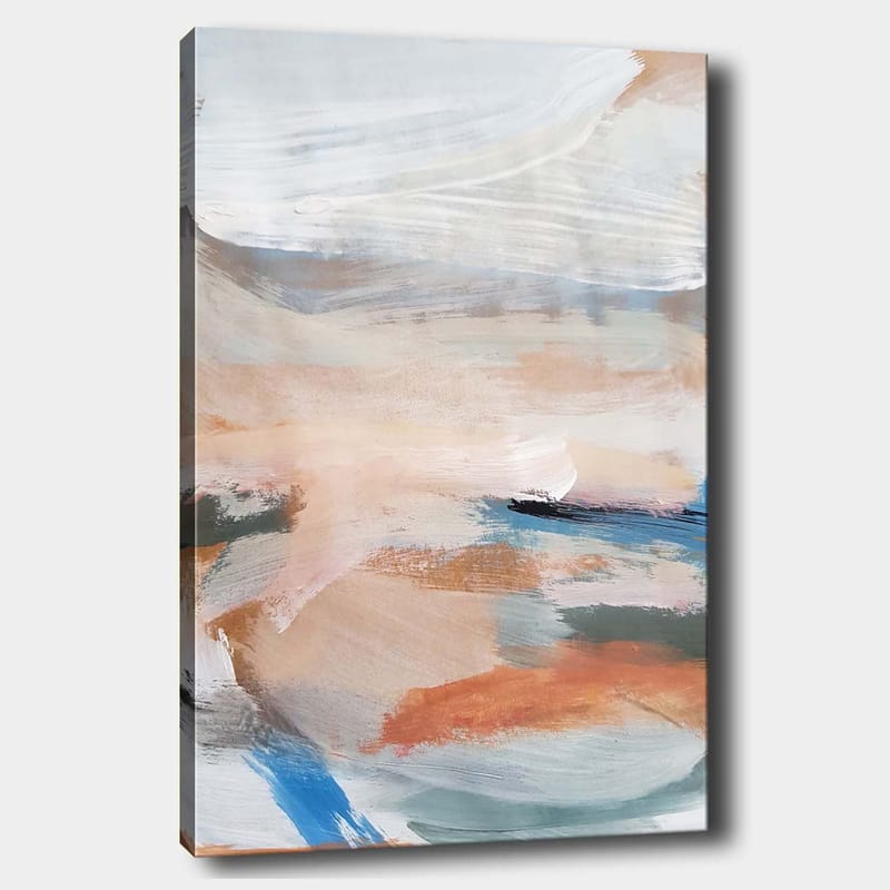 Lerretsbilde 70x100 cm - Abstrakt landskap med myke fargeoverganger som skaper en rolig atmosfære, Lys blå / Terrakotta / Grønn