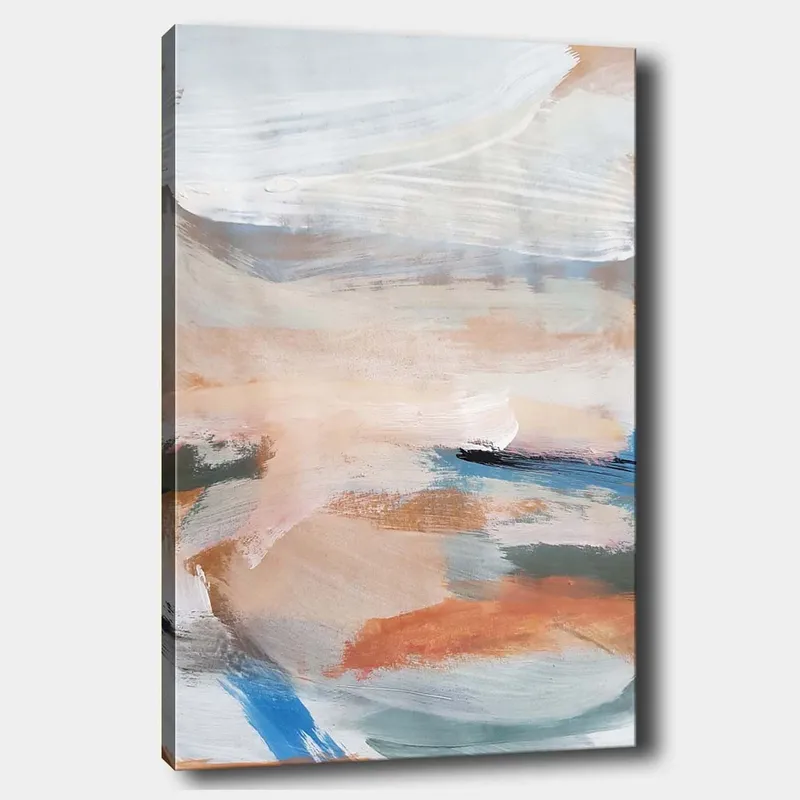 Lerretsbilde 70x100 cm - Abstrakt landskap med myke fargeoverganger som skaper en rolig atmosfære, Lys blå / Terrakotta / Grønn