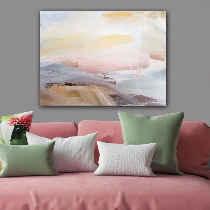 Lerretsbilde 70x100 cm - Abstrakt landskap med myke fargeoverganger som skaper en rolig og harmonisk følelse - Lys rosa / Lys gul / Lys blå - Innredning - Bilder & kunst - Lerretsbilder